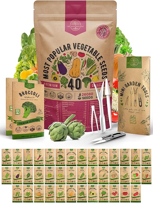 Organo Republic 40 Vegetable Seeds Variety Pack - 26000 Non GMO Heirloom Seeds for Planting Vegetables & Fruits